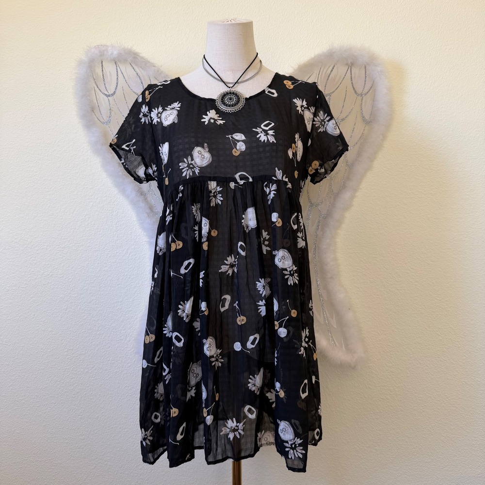 Girl Grunge Black Sheer Babydoll Dress Short Sleeve Floral Heart‎ Print Goth Emo